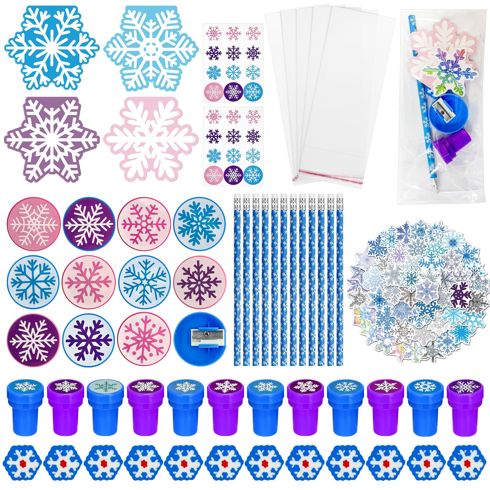 Cinrobiye 194 Pcs Snowflake Winter Frozen Party Favors Christmas Classrooms Exchange School Stationery Set Class Reward Prizes N