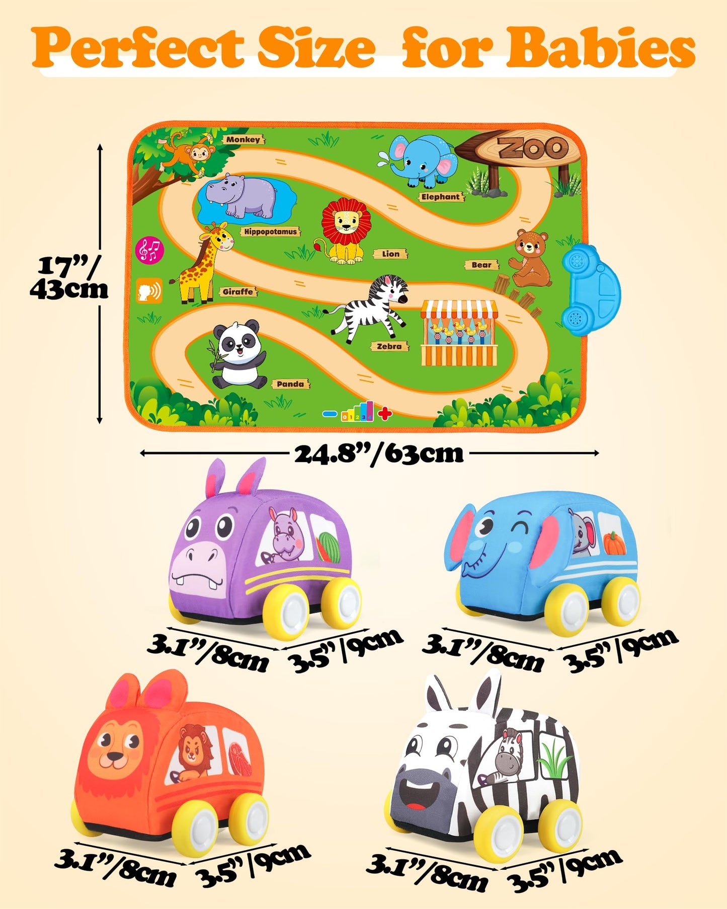 Helsort Baby Car Toys for 1 Year Old Boy with Musical Playmat, Animal Sounds and Pull Back Vehicles for Toddlers 1-3, Soft Baby