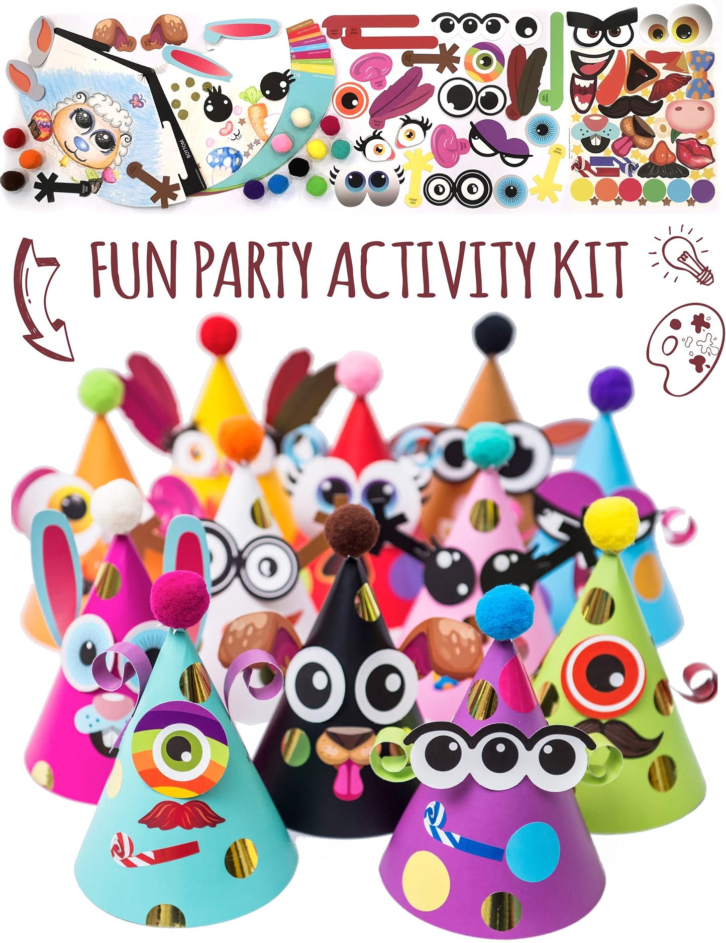 Glittery Garden 24 Pcs Party Hats Birthday Activity Kit with Stickers - Kids Fun Arts & Crafts. Make Your Own Animal & Monster T