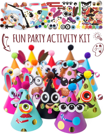 Glittery Garden 24 Pcs Party Hats Birthday Activity Kit with Stickers - Kids Fun Arts & Crafts. Make Your Own Animal & Monster T