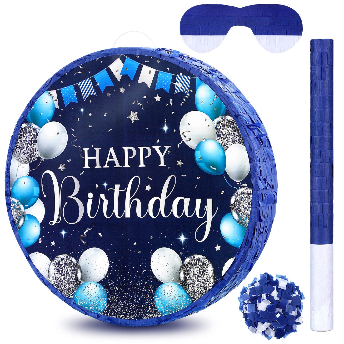 Sinmoe Birthday Piata with Stick Blindfold and Confetti for Boys Girls Men Women Birthday Party Supplies(Blue and Silver)