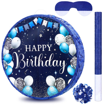 Sinmoe Birthday Piata with Stick Blindfold and Confetti for Boys Girls Men Women Birthday Party Supplies(Blue and Silver)