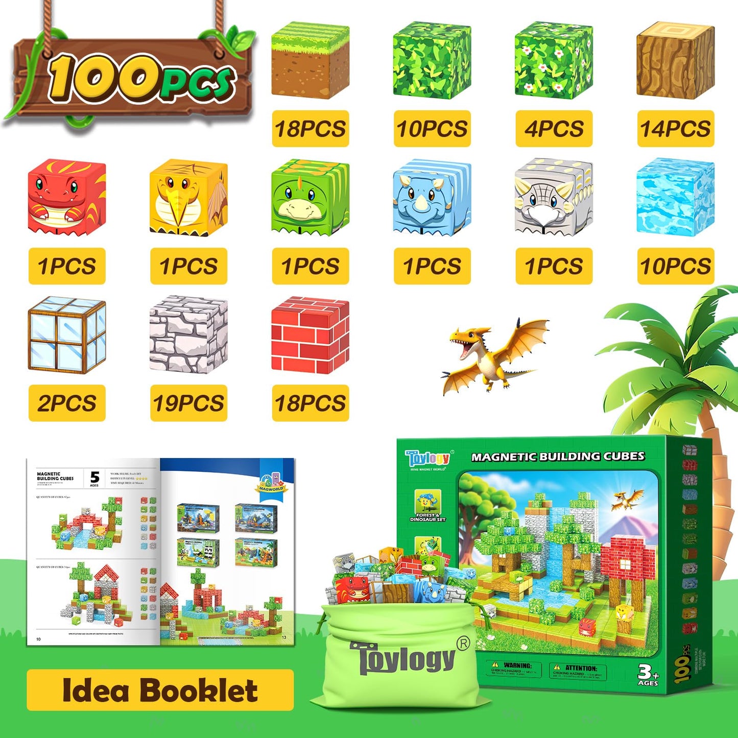 100Pcs Magnetic Blocks - Build Mine Magnet World Forest Dinosaur Edition, Sensory Stem Construction Building Toys Kids Games For