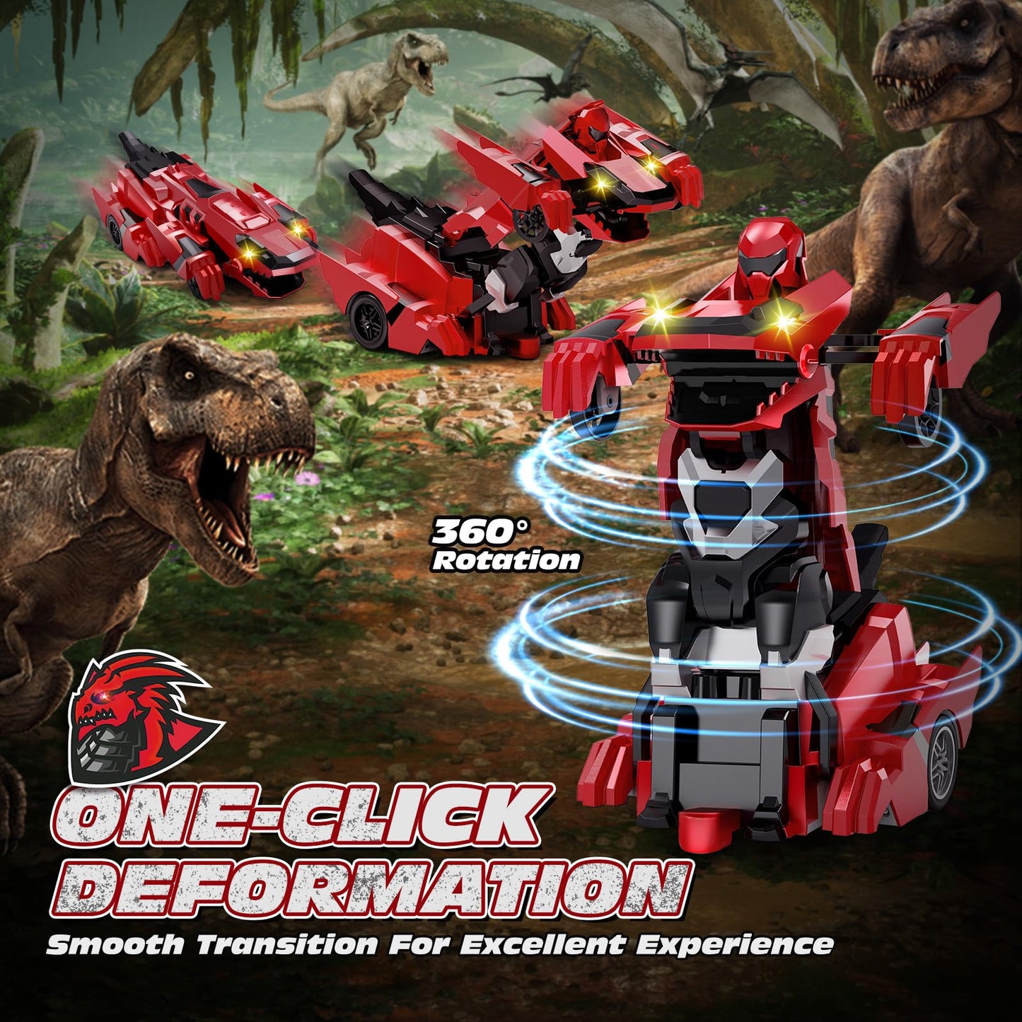 Tecnock Remote Control Car, Transform Dinosaur Toys Car Robot With One-Button Transformation, Rechargeable Battery For 70-Min Pl