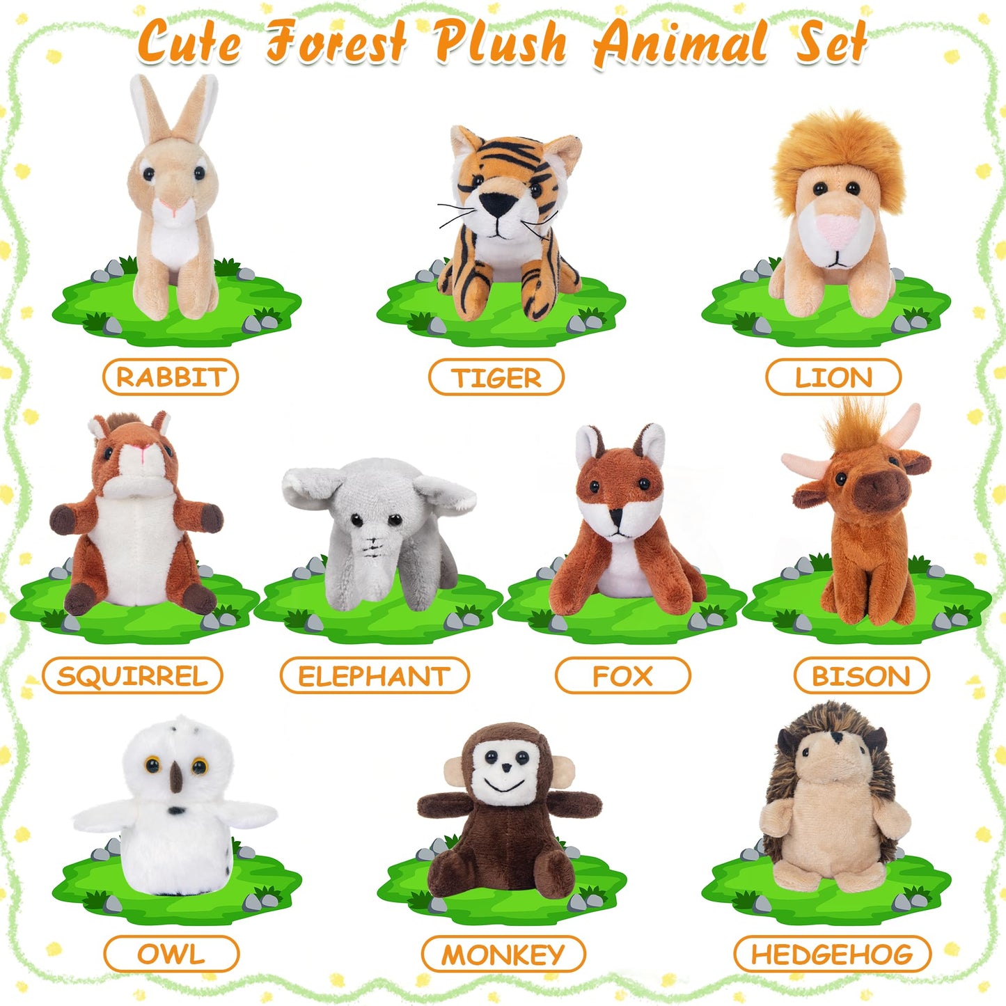 My Oli 10 Pack Plush Wild Animals Toys 3.5 Inch Jungle Small Stuffed Animal Bulk Plush Toys For Kids, Plush Tiger Lion Elephant Monkey Hedgehog Rabbit Squirrel Owl Fox Bison