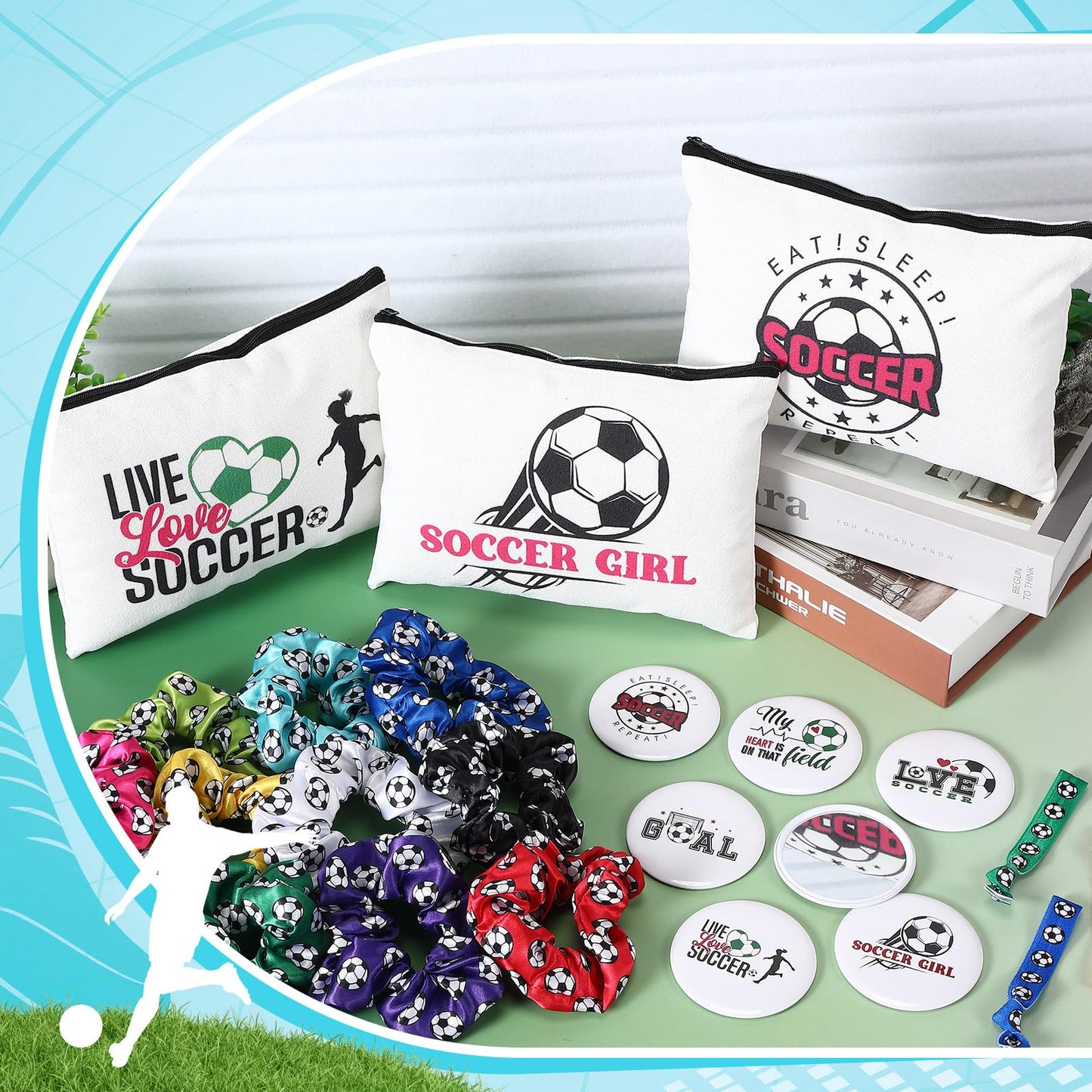 Baderke 72 Pcs Soccer Accessories Gifts Include 12 Make up Bags 12 Mirrors 12 Acrylic Keychains 12 Bracelet 12 Scrunchies 12 Hai