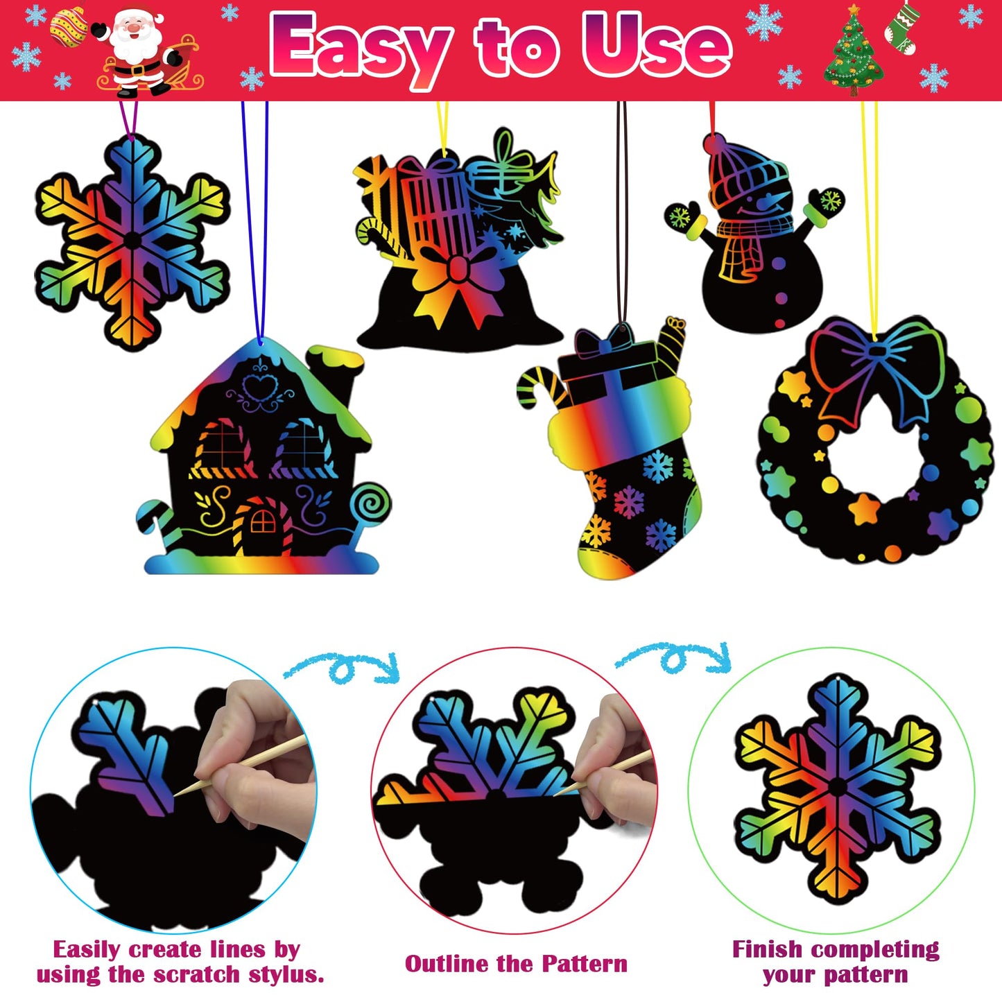 Stocking Stuffers - 48 PCS Rainbow Scratch Paper Cards Set | Christmas Crafts Toys Game for Kids - Christmas Gifts Ornaments Par