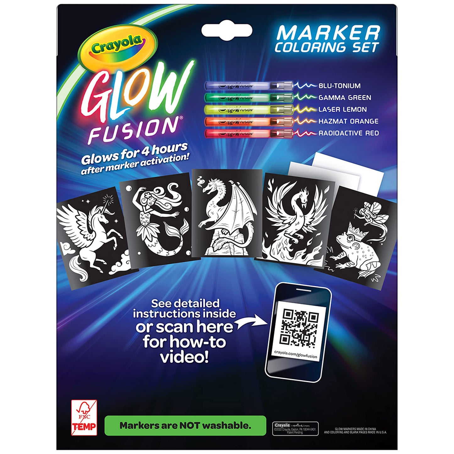 Crayola Glow Fusion Coloring Set - Glow in The Dark Markers & Mythical Creature Pages, Blue/Green/Orange/Red, Model 747491