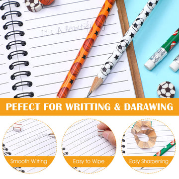 Tinlade 72 Pcs Sports Pencils And Erasers For Kids Fun Wooden Pencils For Kids Boys Sports Themed Birthday Party Favors Students Stationery Party School Office Supplies(Sports)