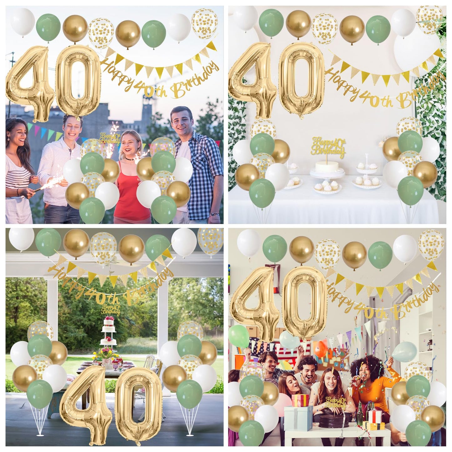 40Th Birthday Decorations For Women Men, Sage Green White Gold Birthday Balloons With Happy 40Th Birthday Banner Birthday Cake T
