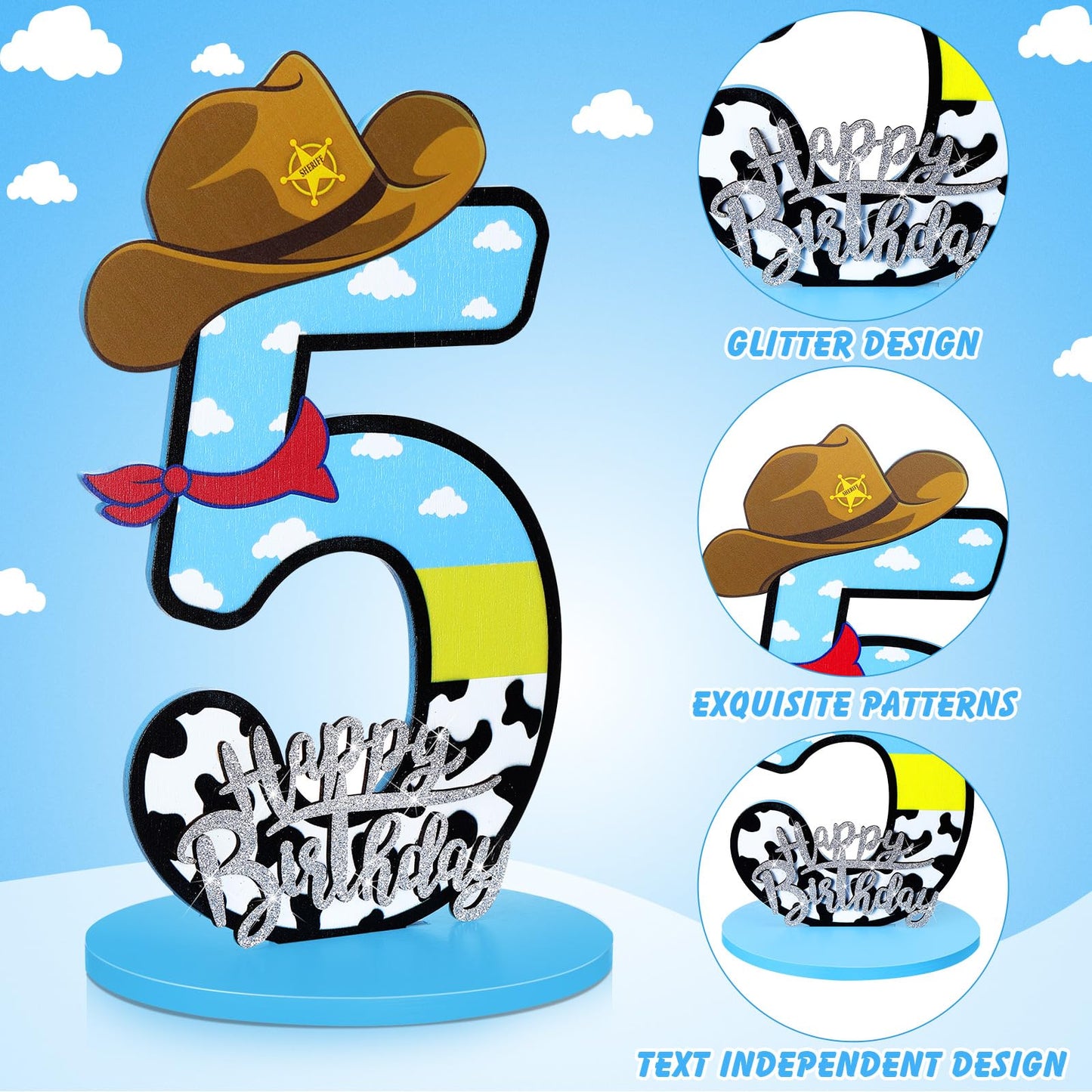 Vercraft Toy Theme 5th Birthday Party Number Centerpiece Cartoon Party Number Sign Blue Sky and White Cloud Cow Birthday Sign fo