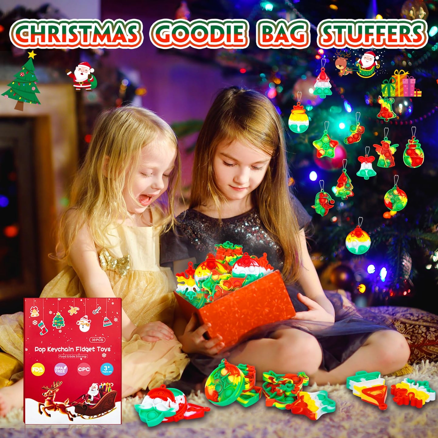 Christmas Pop Fidget Toys Bulk Its Christmas Party Favors for Kids 30 Pack Mini Pop Keychain It Stocking Stuffers for Kids Goodi
