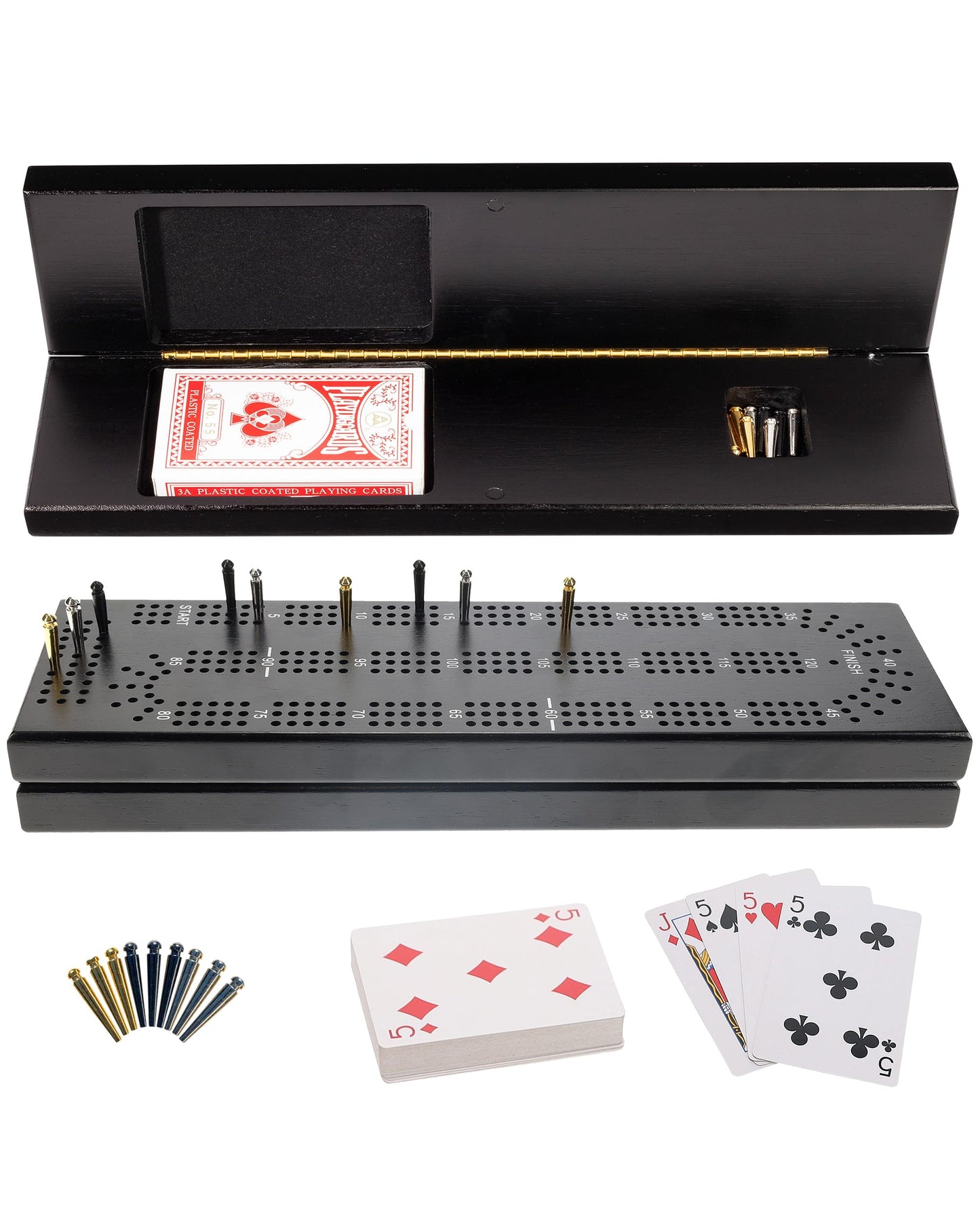 WE Games Wooden Cribbage Board Game Set, Black Stained, 3 Track Design for 2-3 Players, Includes Storage