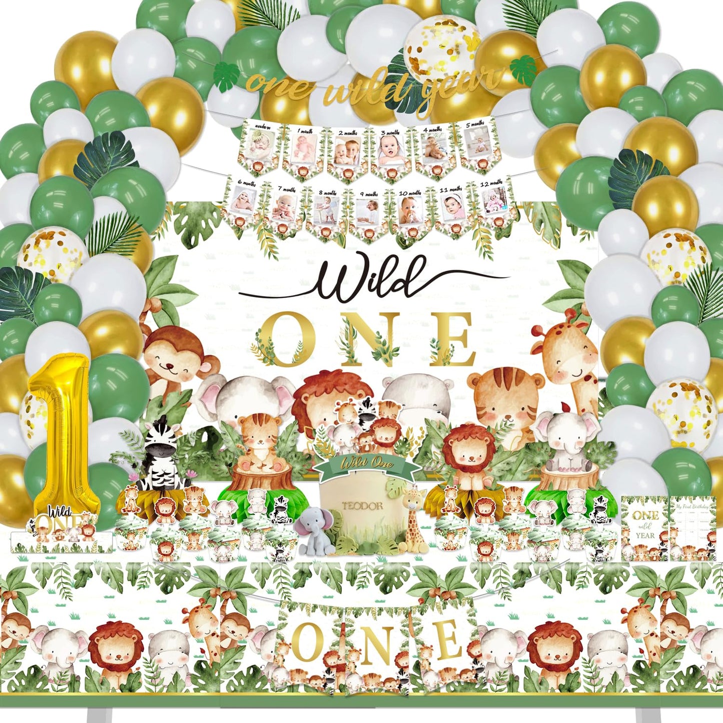 Wild One Party Decorations, 150 Pcs Jungle Animal Party Supplies Decor For Boy Girl Birthdays With Banners Cake Topper Cupcake T