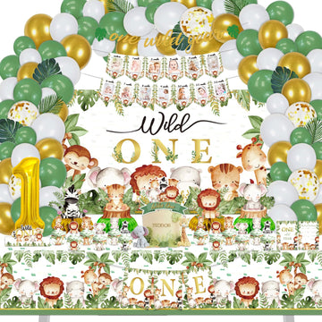Wild One Party Decorations, 150 Pcs Jungle Animal Party Supplies Decor For Boy Girl Birthdays With Banners Cake Topper Cupcake T