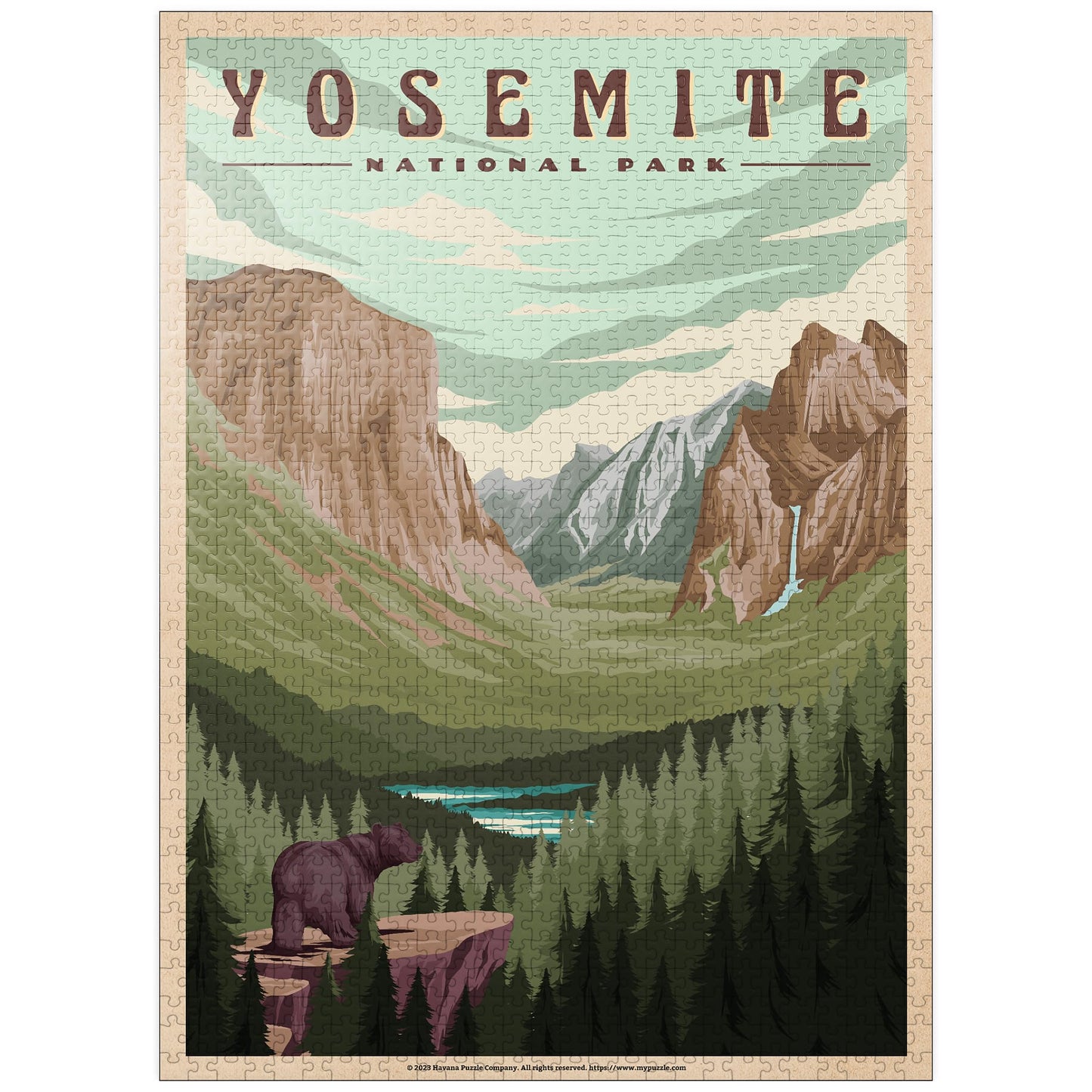 MyPuzzle 1000 Piece Jigsaw Puzzle - Yosemite Valley Vintage Travel Poster, Colorful Cardboard Puzzle for Adults