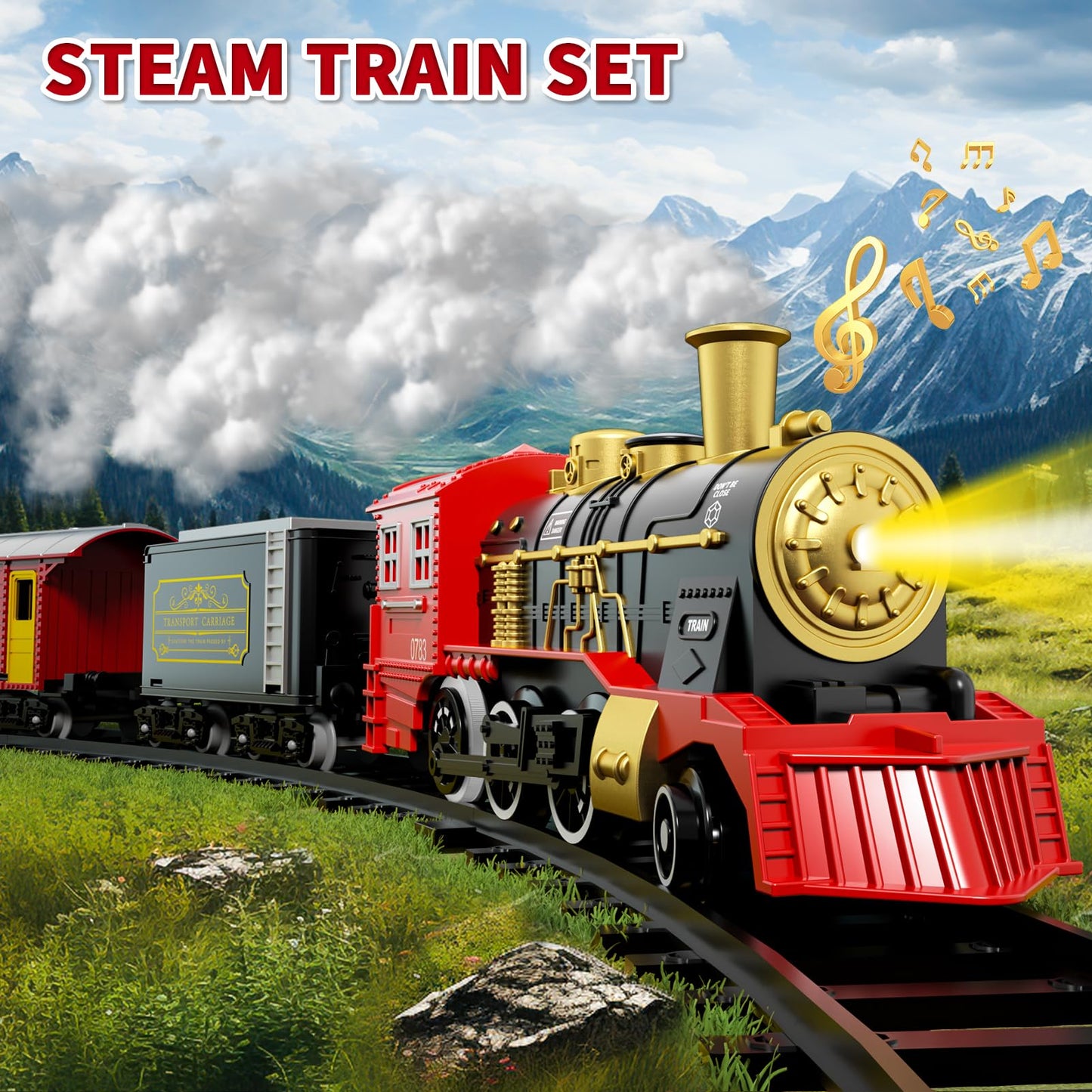 Kukufun Electric Train Set For Kids, Classic Christmas Train Toys Set For Boys Girls Steam Locomotive Engine, Lights & Sound, Tr
