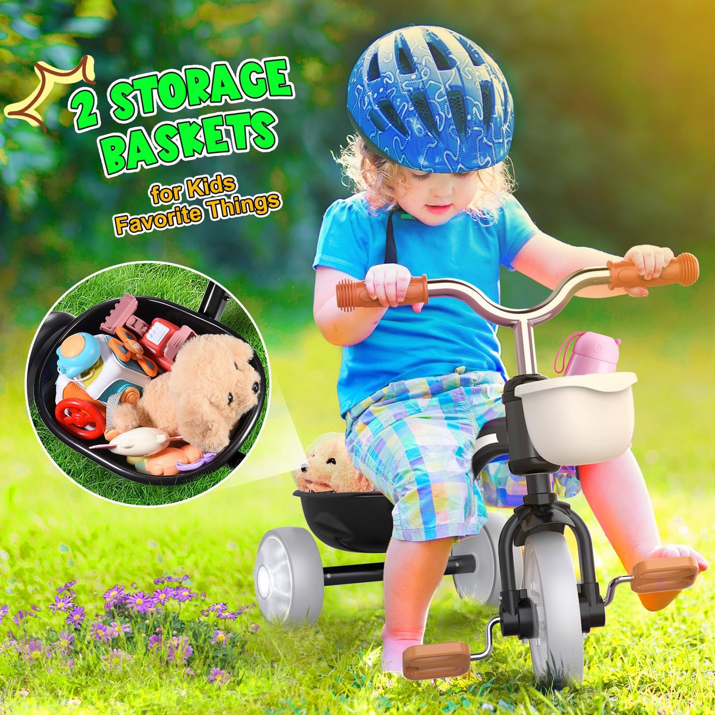 Toddler Tricycle For 1-3 3-5 Year Olds, Colorful Lighting Toddler Bike Baby, Toys For Ages 2-4 Boys, 3-Level Adjustable Seat, 2