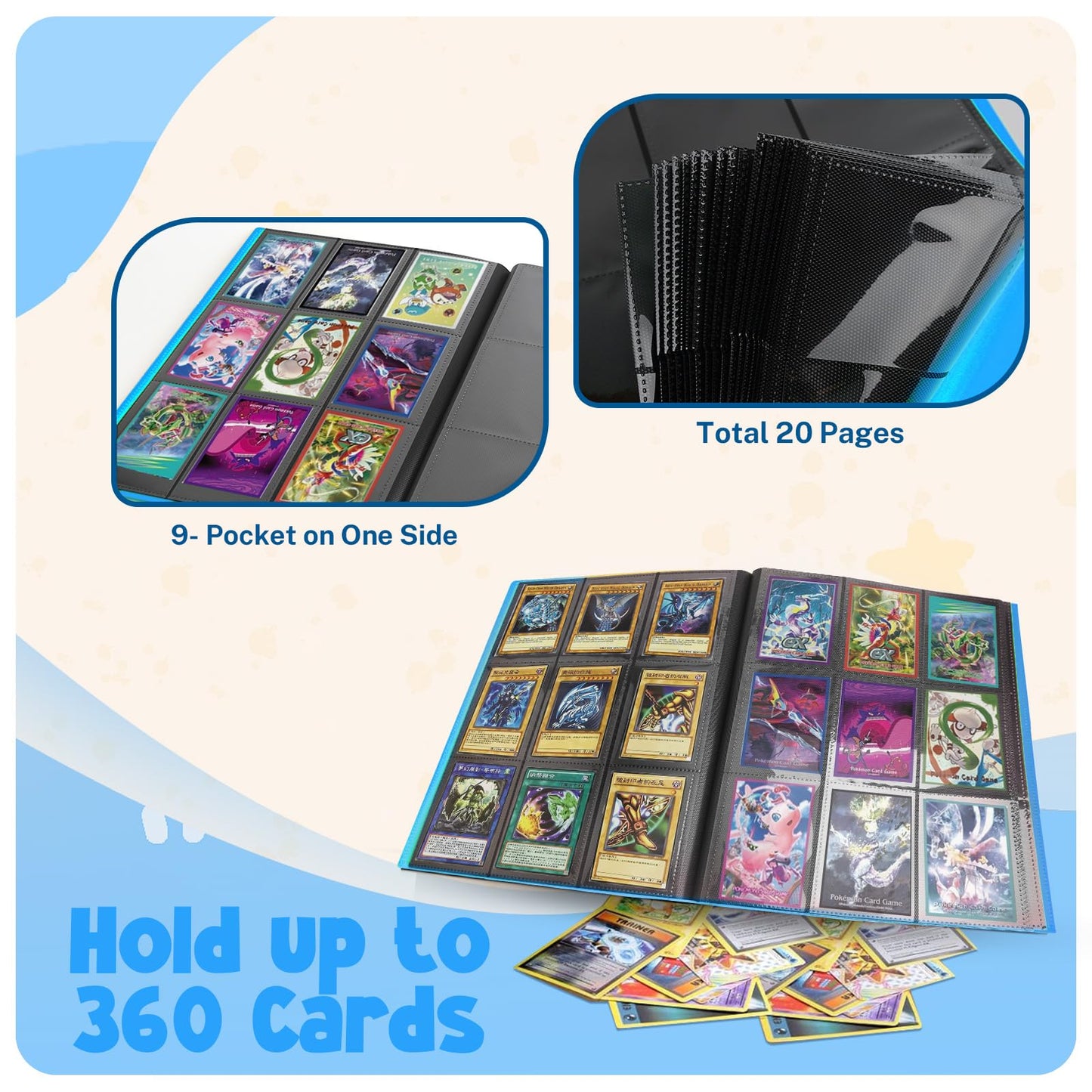 Card Binder  9 Pocket Trading Card Album Folder 20 Pages  360 Card Capacity Sports Card Binder  enhanced Card Binders Compatible with MTG  TCG  Baseball Cards (Blue)