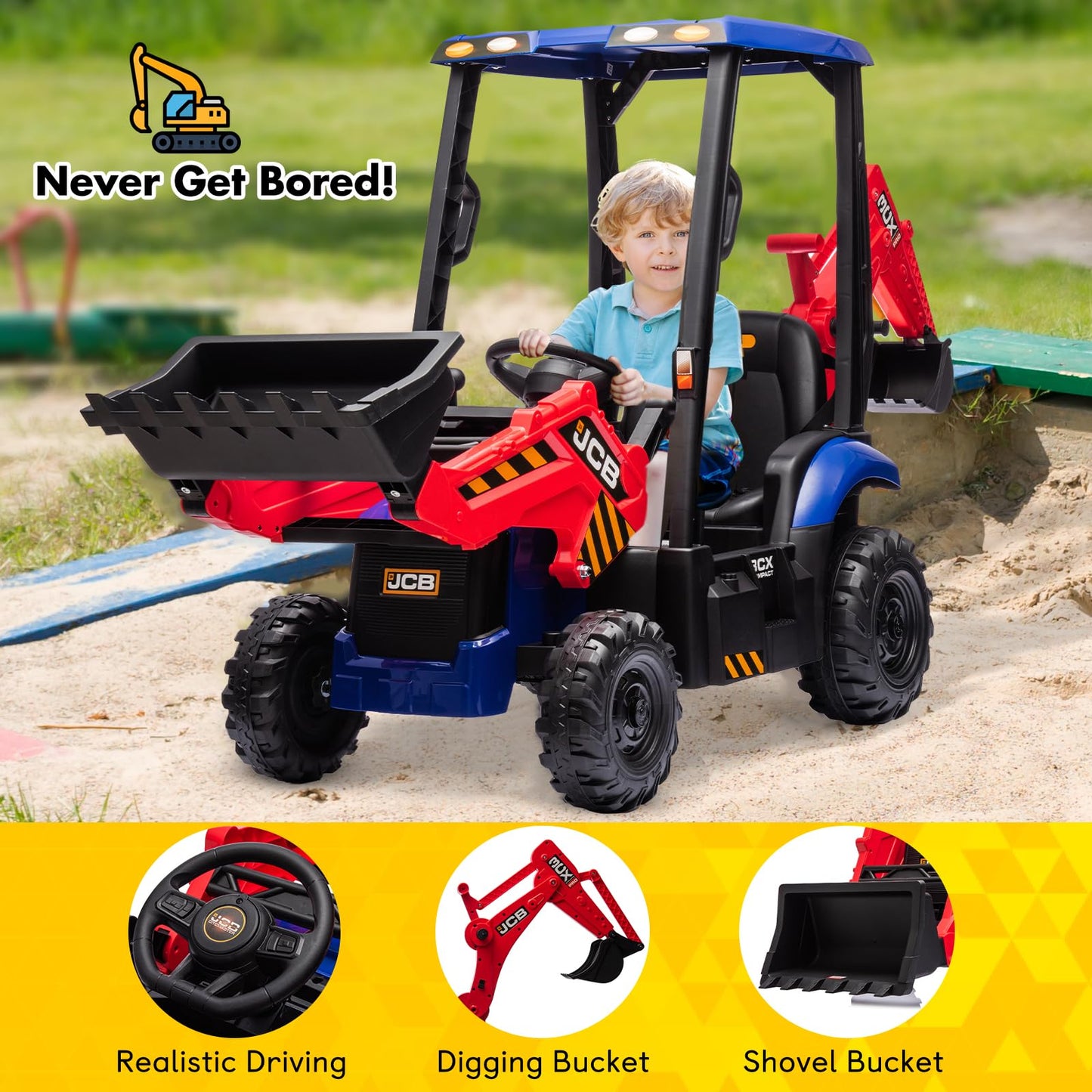 Btmway 12V Jcb Ride On Excavator,Kids' Electric Vehicles With Remote Control,Various Accessories,Sand Digger And Backhoe Shovel