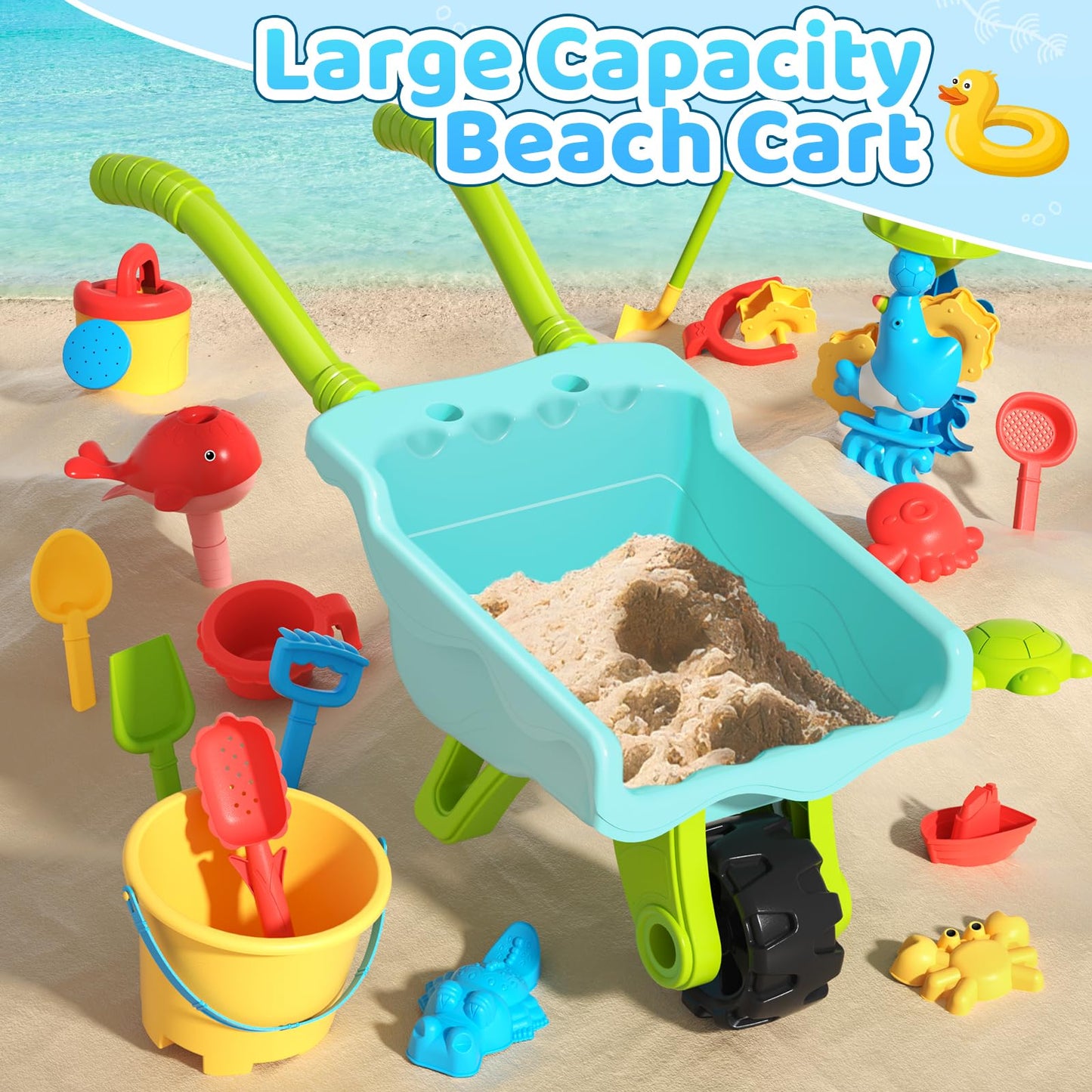 Eterfun Beach Sand Toys For Kids - Beach Toy Trolley Car With Shovel Tool Kit, Beach Bucket & Animal Molds - Summer Outdoor Gift