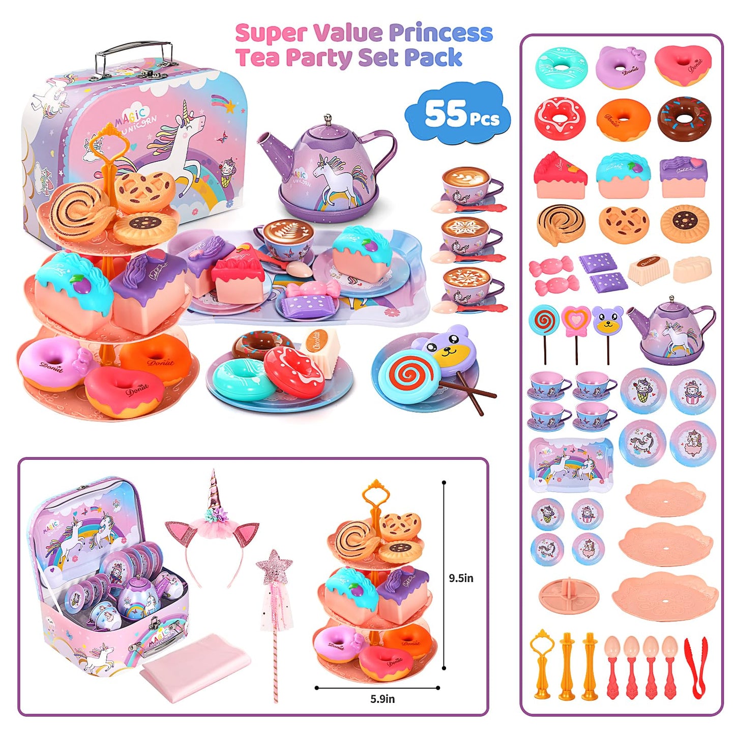 55Pcs Tea Party Set for Little Girls, Princess Tea Party Set, Unicorn Kid Tin Tea Set,Kids Kitchen Pretend Toy, Toddler Tea Part