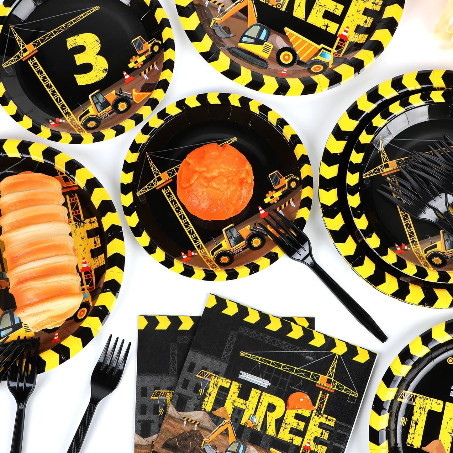 Qyeahkj 100 Pcs Construction 3Rd Birthday Party Tableware Set 3 Years Old Birthday Dinnerware Disposable Construction Plates Nap