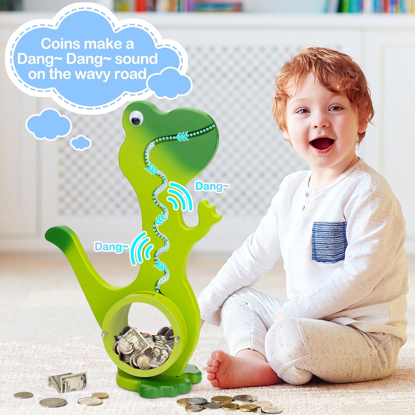 Aorcmitn Wooden Dinosaur Piggy Bank Boalord For Boys Kids Girls Clear Big Belly Animal Coin Bank For Toddler Real Money Toy(Dino-Green)