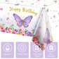 Butterfly Happy Birthday Tablecloth - Rectangular Watercolor Butterfly Table Cover, Spring Themed Plastic Tablecloth for Girl Pa