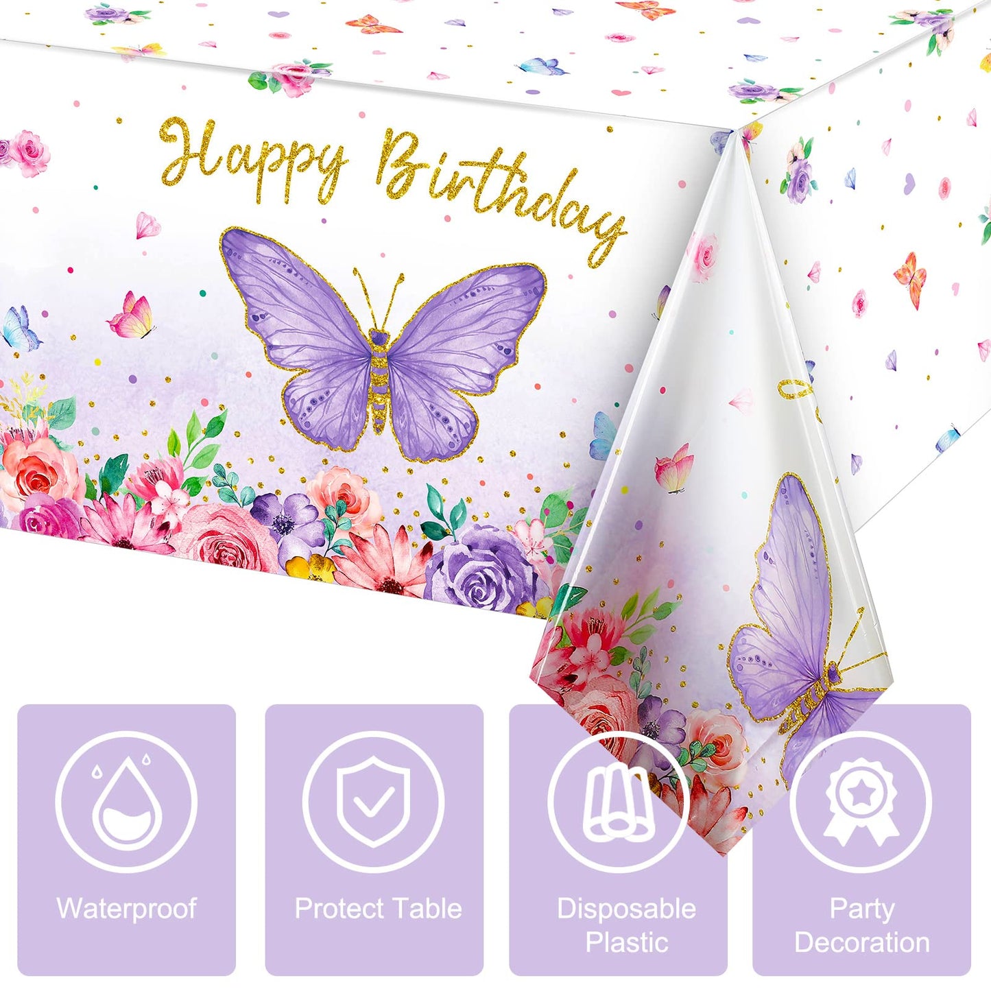 Butterfly Happy Birthday Tablecloth - Rectangular Watercolor Butterfly Table Cover, Spring Themed Plastic Tablecloth for Girl Pa