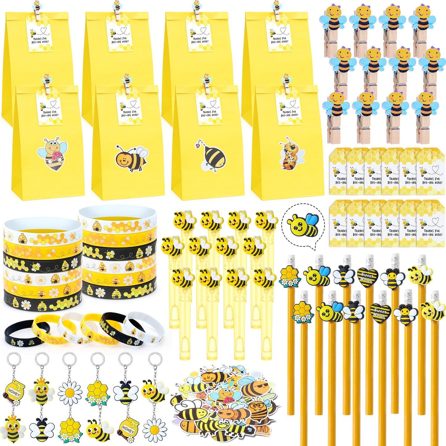 Winrayk 146Pcs Bee Party Favors Birthday Supplies Bee Gift Bag with Cards & Clips Pencil Mini Bubble Wand Honeycomb Silicone Bra