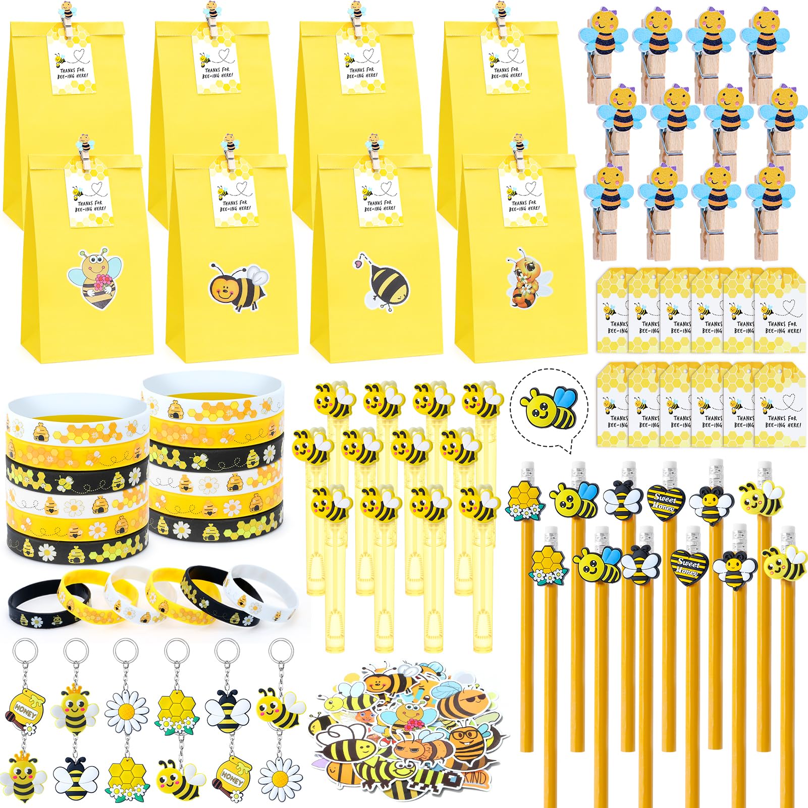 Winrayk 146Pcs Bee Party Favors Birthday Supplies Bee Gift Bag with Cards & Clips Pencil Mini Bubble Wand Honeycomb Silicone Bra