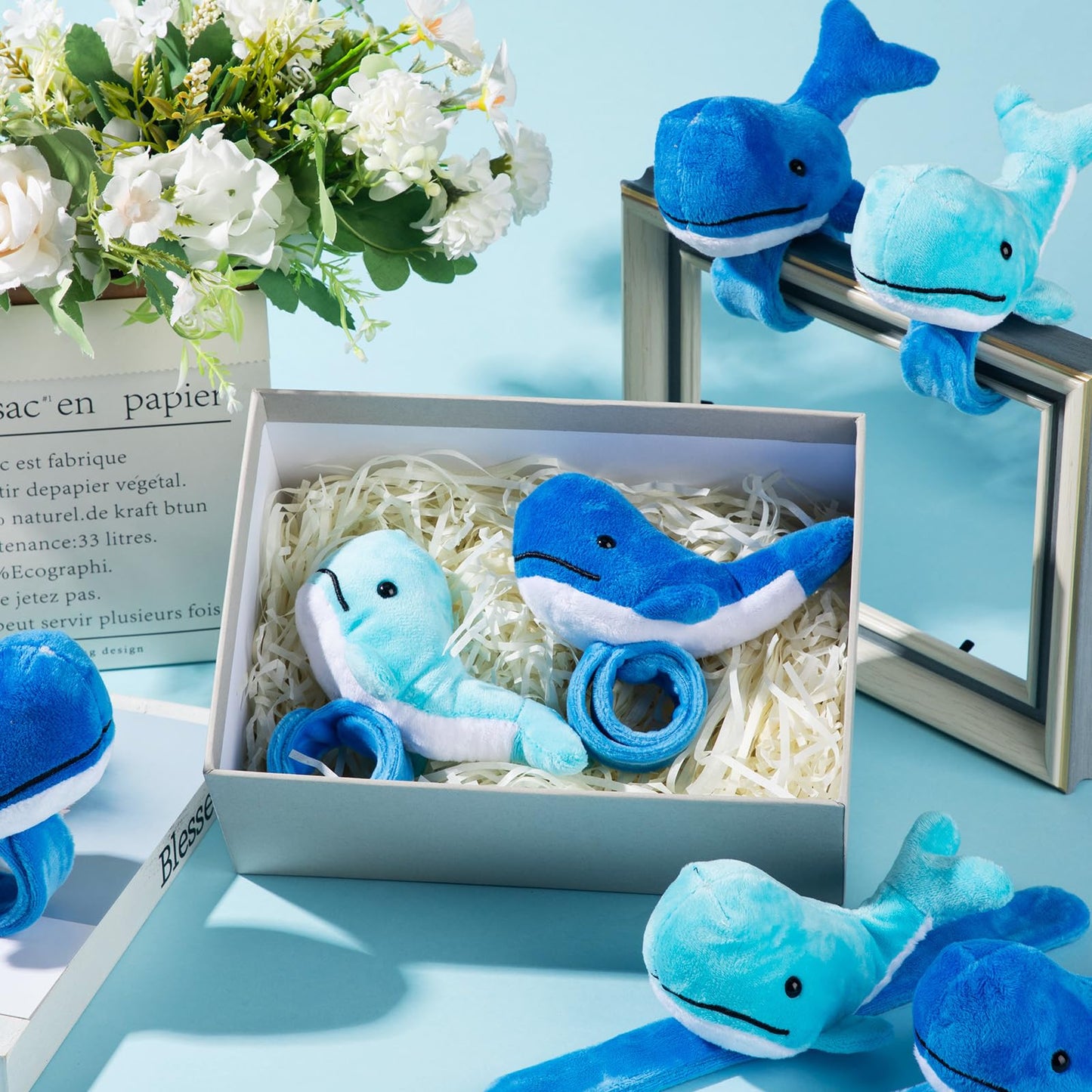 Lenwen 8 Pcs Whale Stuffed Animals Slap Bracelets for Kids Plush Animal Slap Snap Bracelets Bulk Whale Wrist Bands Adopt an Anim