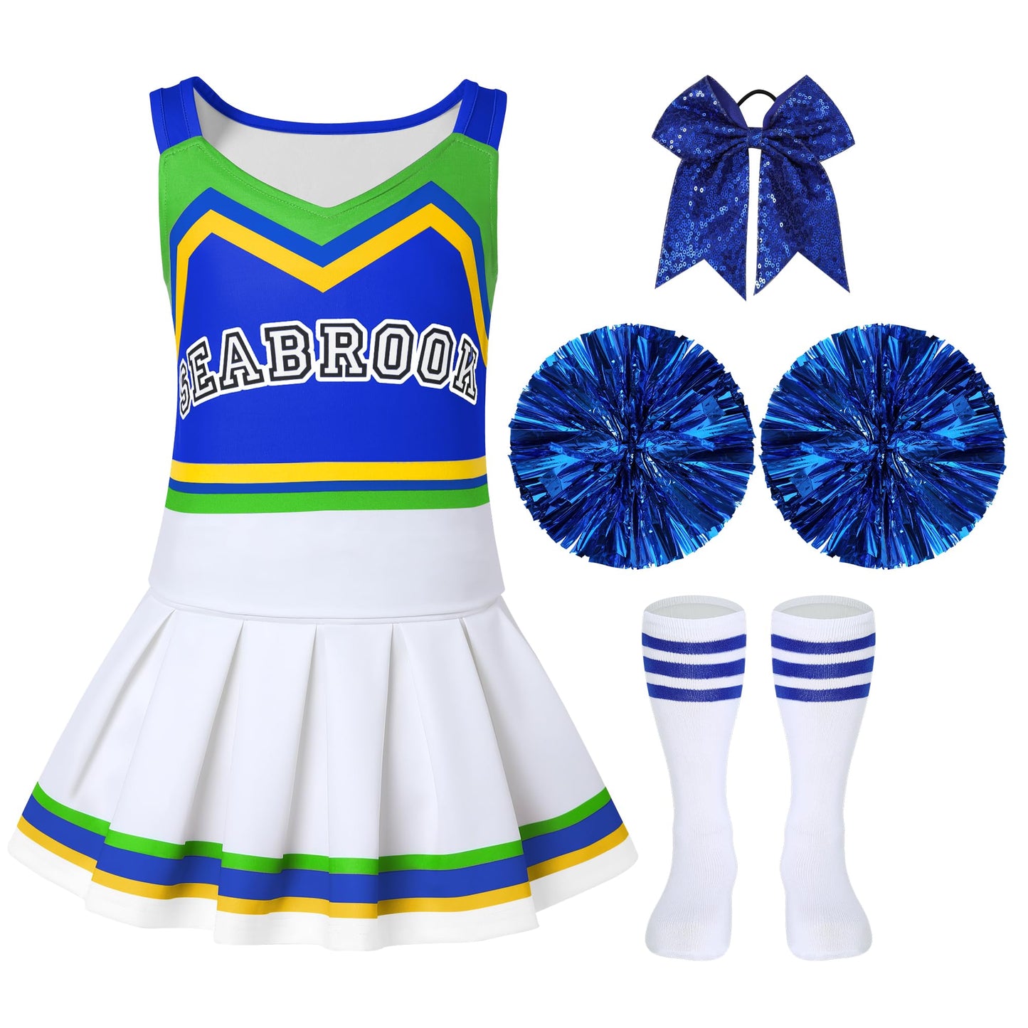ZapLute Cheer Outfits for Girls Cheer Uniform Costume Set with Pom Poms Bow and Socks for Halloween School Spirit Day Dress Up Ages 5 to 12