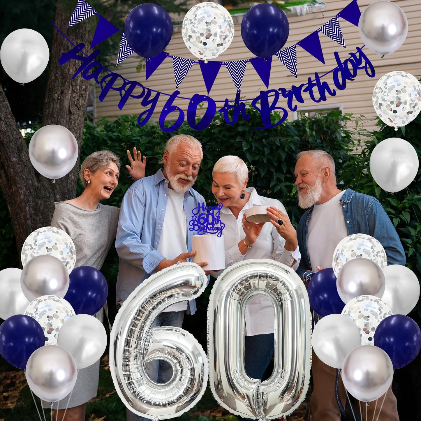 60Th Birthday Decorations For Men, Navy Blue Silver 60Th Birthday Balloons With Blue Happy 60Th Birthday Banner 70 Birthday Cake