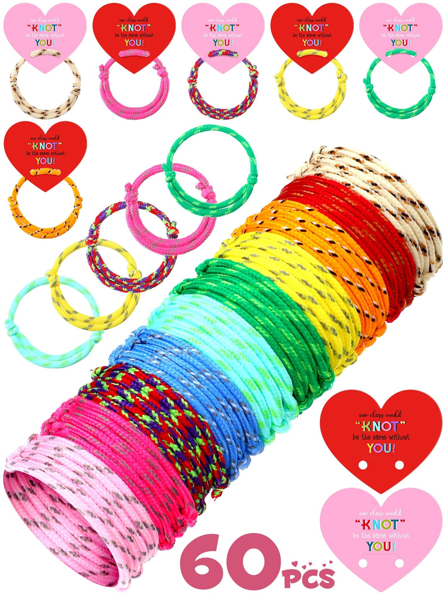 Junkin 60 Sets Valentine Knot Bracelets with Cards Our Class Will Knot Be the Same Without You Classroom Valentines Exchange Gif
