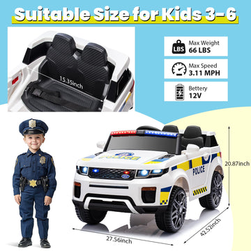 Hikole 12Volt Kids Electric Police Car With Remote Control, Battery Operated Kids Cop Cars, Music, Megaphone, Siren, Flashing Li