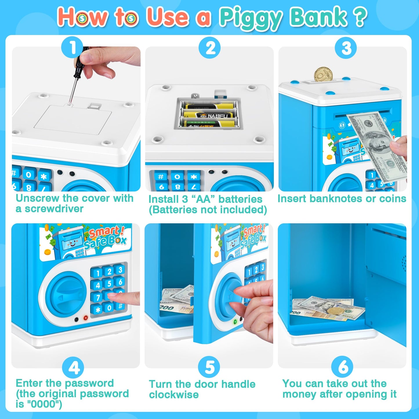 Blue Piggy Bank For Kids, Electronic Coin Money Bank, Children'S Safe Money Jar Toy Age 4 7 8 9 10 11 With Password Code Lock An