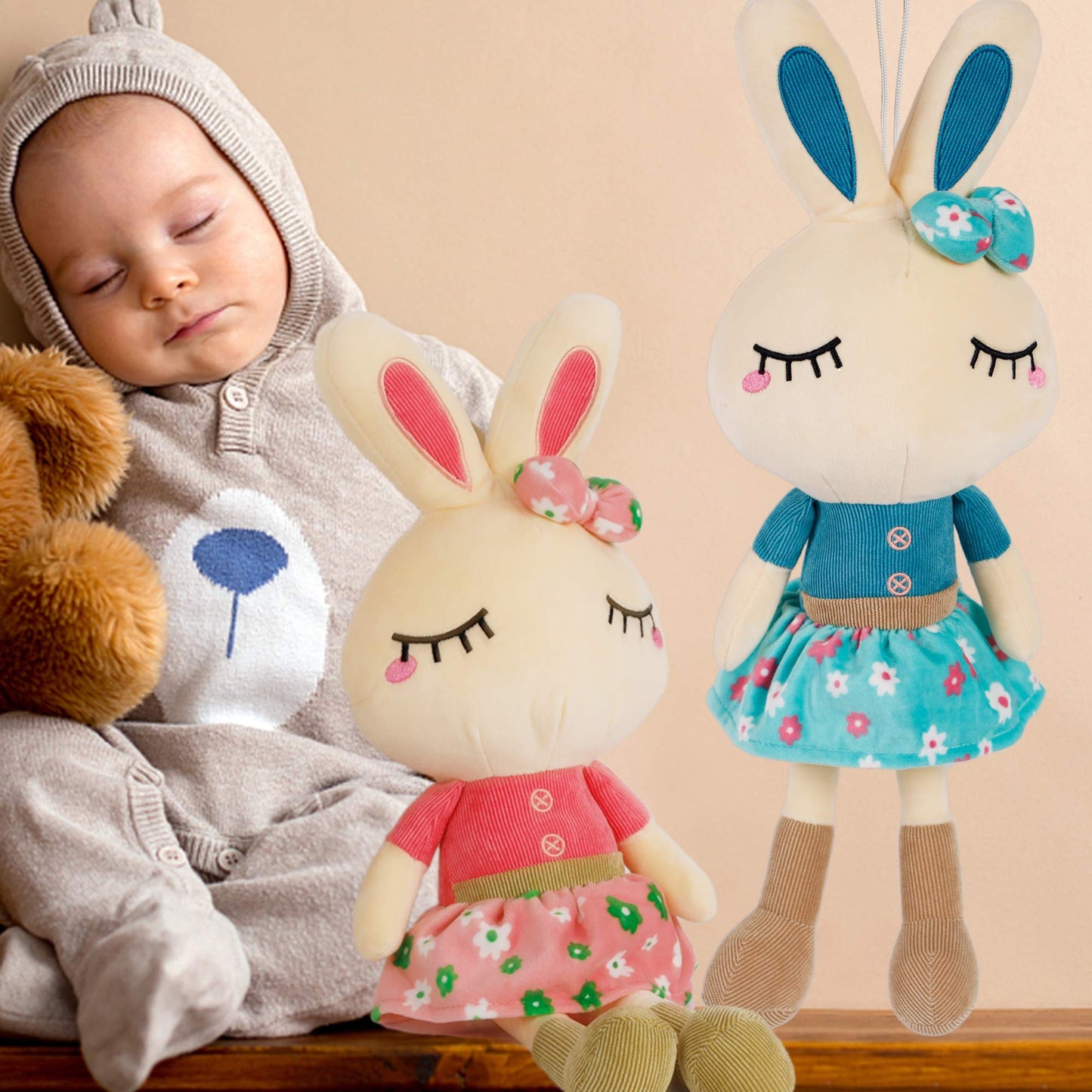 Set Of 2 Plush Bunny Rabbit, 18.3 In Doll Stuffed Easter Bunny Rabbit Animal Toy Huggable Rabbit, Cute And Cuddly Friend For Boy Girl, Birthday Gift, Pink & Blue