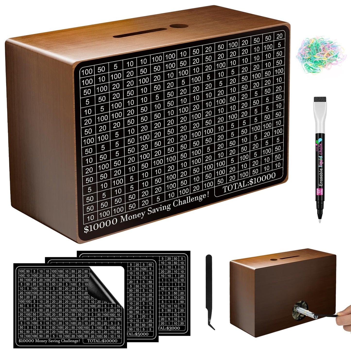 Wooden Money Saving Box  Cash Savings Box for $10000 $5000 $3000 Target Money Saving Challenge  Reusable Money Box with Counter  Cash Vault Bank with Dry Erase Pen/Savings Trackers/Rubber Band-Brown