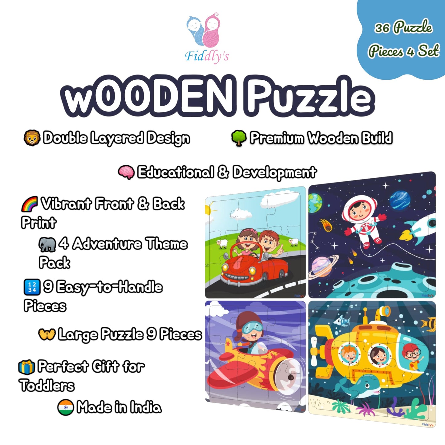 Fiddlys Wood Jigsaw Puzzles for Kids & Children -9 Pieces Age 3+ (Travel Pack of 4)