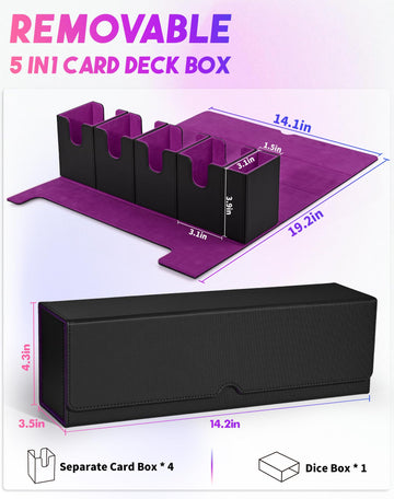 Uaono Card Deck Box With Dice Tray For Mtg, 5 In 1 Card Deck Case Holds 800+ Unsleeved Cards, Strong Magnet Card Organizer Compatible With Yugioh Tcg Sports Cards (Black Purple)