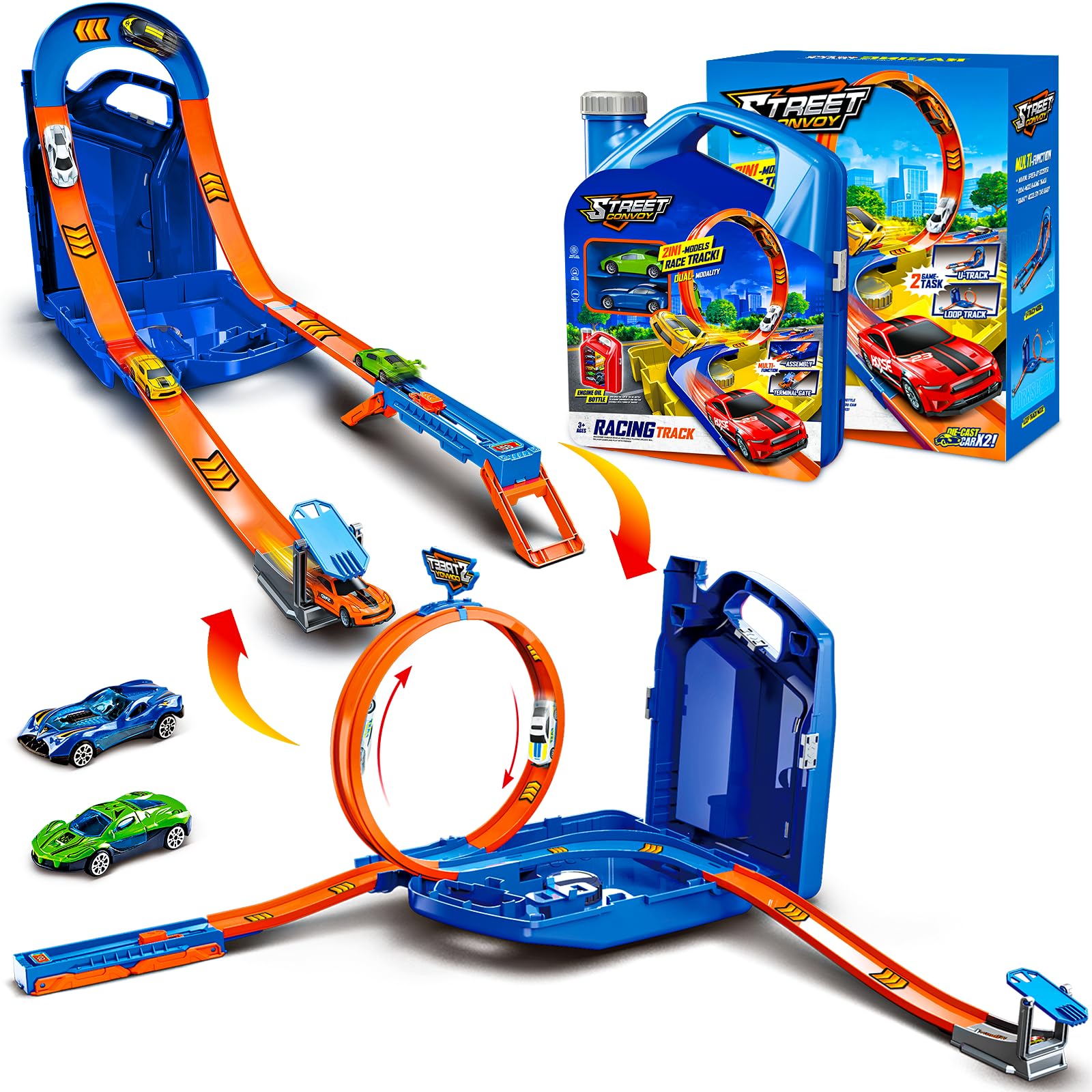 Race Track Toy Car Set with 2 Race Cars 2 in 1 Car Tracks Style with Storage Box Changeable Tracks Toys Birthday Gifts for Kids 3 4 5 6 7 8+Year Old Boys Girls (Blue)