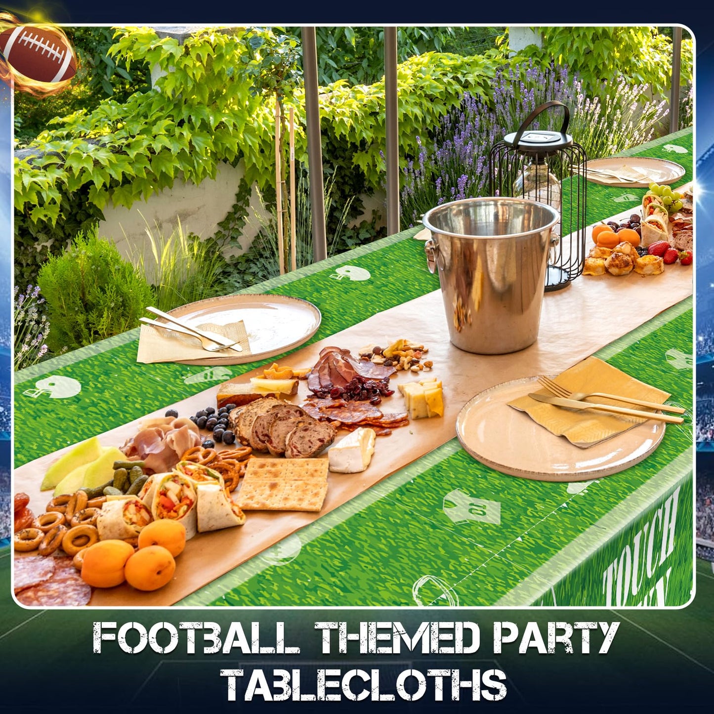 Preboun 2 Pack Football Tablecloth Plastic Football Field Tablecloth Disposable Football Table Cover Football Party Decoration T