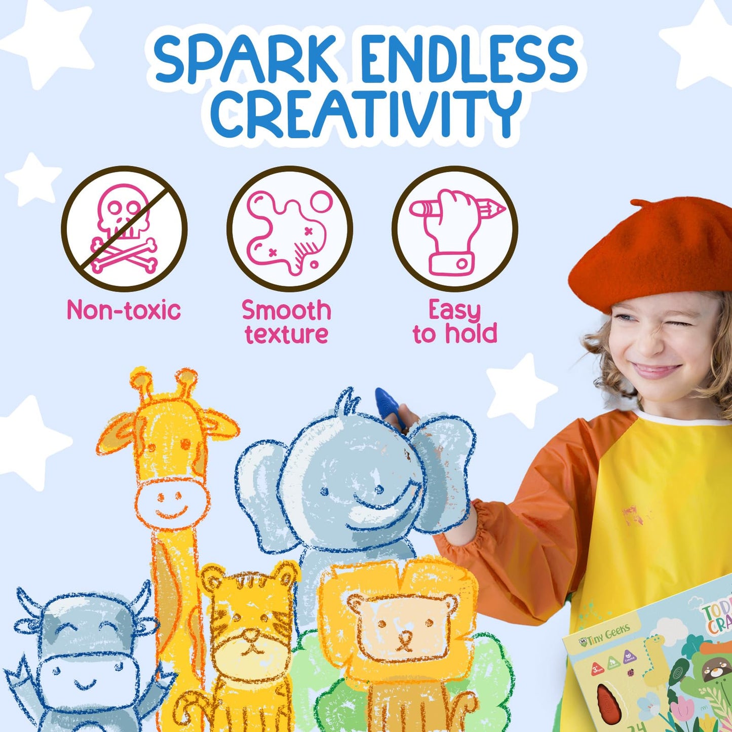 TinyGeeks Toddler Crayons - 24 Non-Toxic Washable Crayons, Easy to Hold, Multicolor for Kids Ages 3-8
