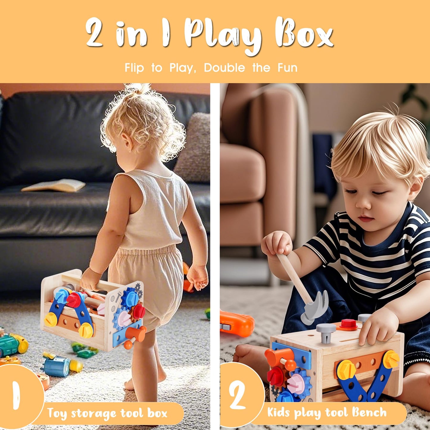 Rexbeti Kids Tool Set, 43Pcs Wooden Toddler Tool Bench With Electric Drill, Apron And A Pack Stickers(50Pcs), Montessori Constru