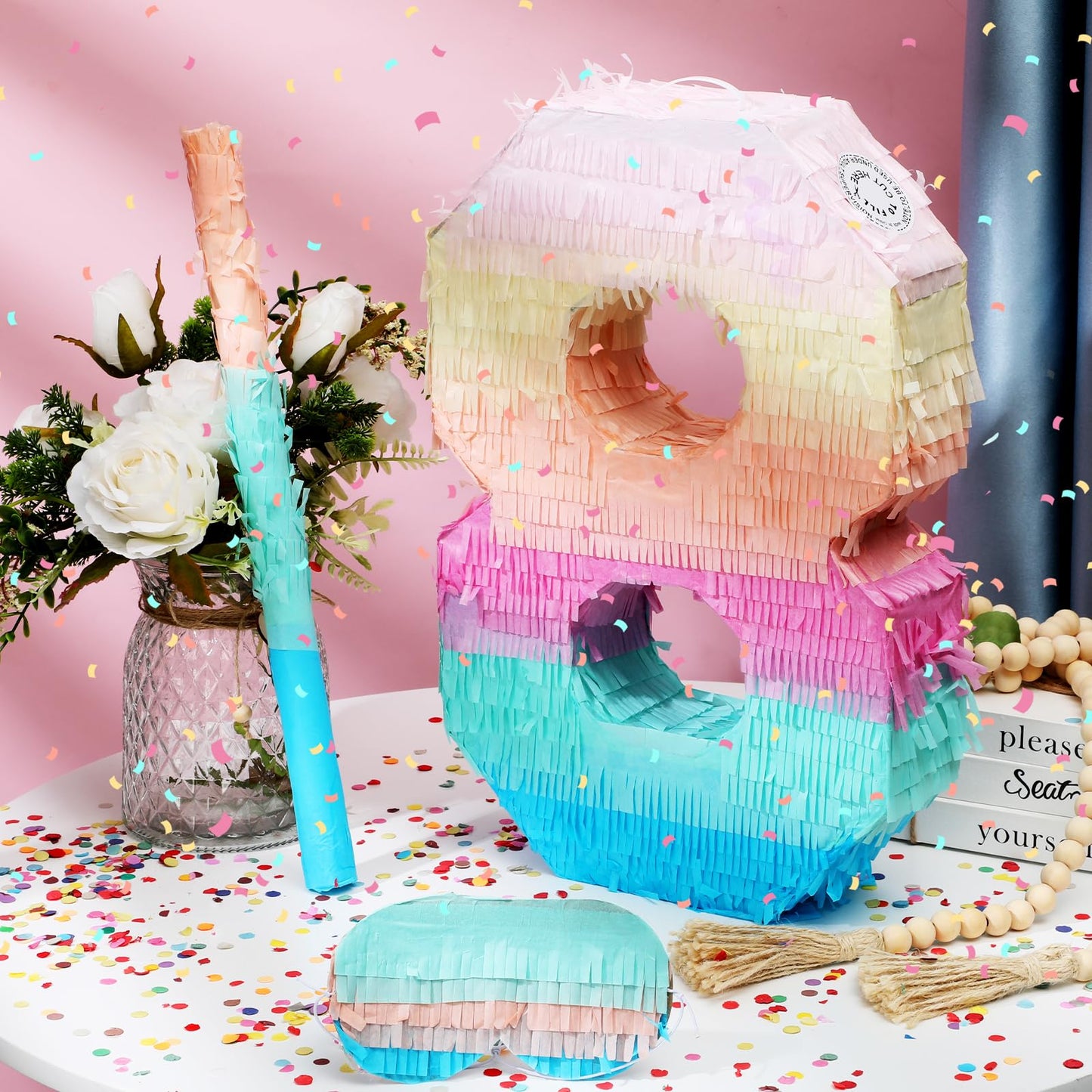 Jenaai 16 Inch Number Piata Kids Birthday Party Macaron Piata with Blindfold Stick and Confetti for Unicorn Birthday Wedding Bab