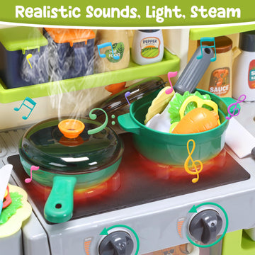 HOLYFUN Kids Kitchen Playset, Pretend Play Kitchen with Sounds and Lights, Cooking Stove Steam,Play Sink and Play Food,Toy Kitch