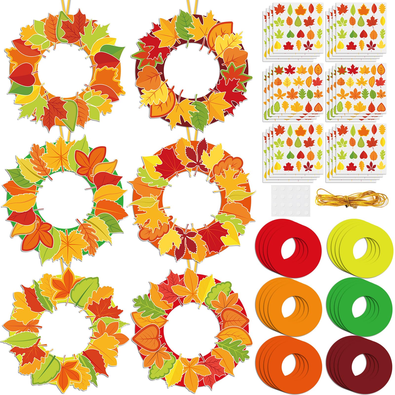 36 Sets Fall Wreath Craft Kits for Kids DIY Autumn Maple Leaves Paper Wreath Hanging Ornaments Make Your Own Thanksgiving Paper 
