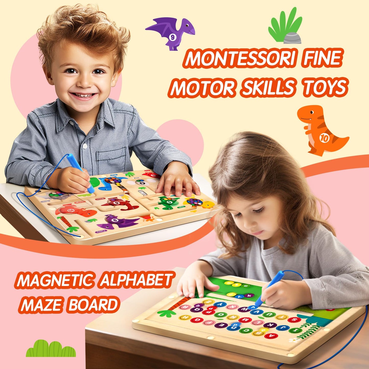 Umereact 2 In 1 Magnetic Color And Number Maze Double-Sided Abc Alphabet Puzzles Board Magnet Dinosaur Counting Maze Preschool L
